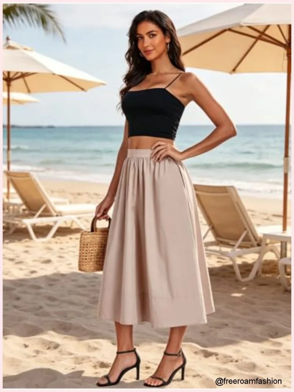 A-Line Midi Skirt Elastic High Waist Pleated Flowy Beach Long Skirt with Pocket